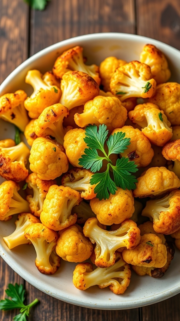 Garlic roasted cauliflower florets garnished with parsley on a rustic wooden table.
